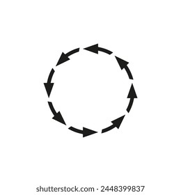 A lot of arrows spinning in circles. Following each other. The arrows rotate and move around the perimeter of the circle. Vector illustration.
