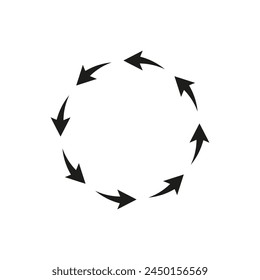 A lot of arrows spinning in circles. Following each other. The arrows rotate and move around the perimeter of the circle. Vector illustration.
