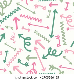 Arrows, squiggle lines and doodles seamless repeating background pattern in pink and green colors. Hand drawn