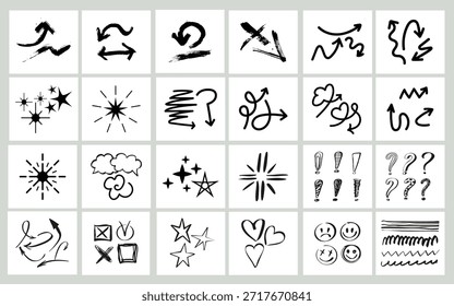 Flechas dibujadas a mano, estrellas y Elementos Doodle, paquete de doodle de estilo marcador juguetón, ideal para notas, presentaciones y gráficos sociales.