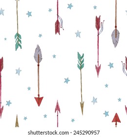 Arrows and stars pattern. Hand drawn tribal seamless texture on white background. Vector illustration