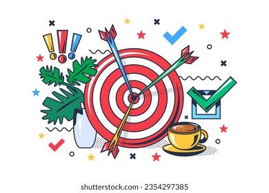 Arrows stick out from center of sports target. Defining goals and objectives, achieving successful result in startup. Cartoon outline vector concept isolated on white background