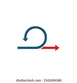Arrows straight or forward and turn back in red and blue colors. Continue icon. Enter and exit signs. East and West arrow. U-turn sign. Stock Vector illustration isolated on white background.