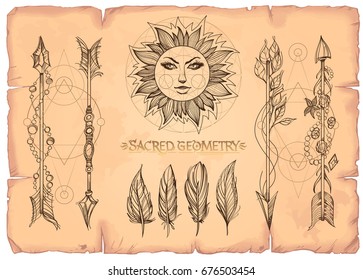 Arrows, sun and feathers. A set of cards in the style of Boho. Contour illustrations for the creation of tattoos, coloring, clothing design and printed products.