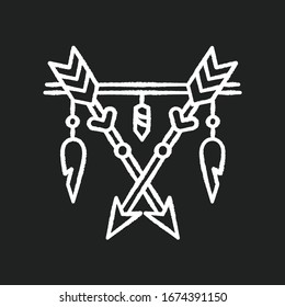 Arrows and teeth amulet in boho style chalk white icon on black background. Native American Indian mystic symbol. Ethnic home decoration, tribal charm. Isolated vector chalkboard illustration