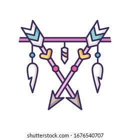 Arrows and teeth amulet in boho style RGB color icon. Native American Indian mystic symbol. Prehistoric talisman. Bohemian accessory. Ethnic home decoration, tribal charm. Isolated vector illustration
