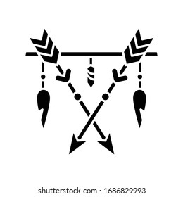 Arrows and teeth amulet in boho style black glyph icon. Native American Indian mystic symbol. Prehistoric talisman. Bohemian accessory. Silhouette symbol on white space. Vector isolated illustration