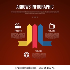 arrows template infographic with arrow rectangle shape centered with 3 point with dark style for slide presentation vector