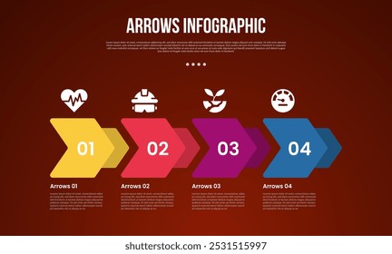 setas modelo infográfico com forma de seta criativa dupla camada na direção horizontal com 4 ponto com estilo escuro para slide apresentação vetor