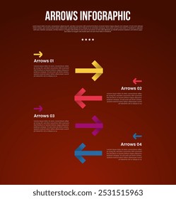 arrows template infographic with creative line arrow opposite direction with 4 point with dark style for slide presentation vector