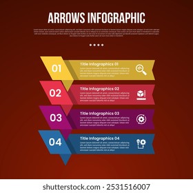 setas modelo infográfico com criativo retângulo fita invertida pilha na direção vertical com 4 ponto com estilo escuro para slide apresentação vetor