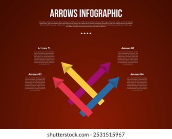 setas modelo infográfico com estrutura de linha de seta longa conectado na direção oposta com 4 ponto com estilo escuro para slide apresentação vetor