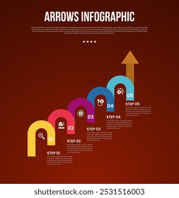 arrows template infographic with round reverse u shape ladder structure increase on right direction with 5 point with dark style for slide presentation vector