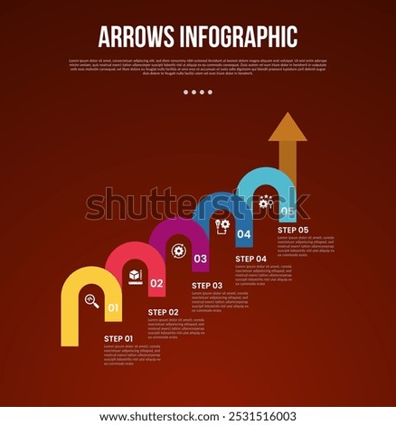 arrows template infographic with round reverse u shape ladder structure increase on right direction with 5 point with dark style for slide presentation vector