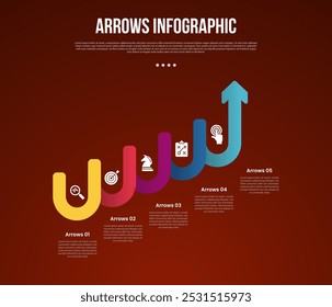 arrows template infographic with round u shape increase staircase ladder structure with 5 point with dark style for slide presentation vector