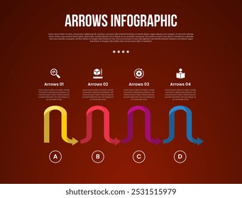 arrows template infographic with round wave up and down and outline circle at bottom with 4 point with dark style for slide presentation vector