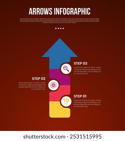 arrows template infographic with vertical arrow top direction with circle badge with 3 point with dark style for slide presentation vector