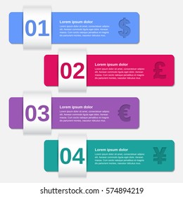 Arrows templates infographics 4 options, parts, steps, processes. Infographics. Business and finance concept. Vector frames for text. Info graphic data.