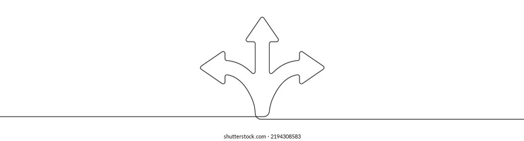 Arrows in three directions icon line continuous drawing vector. One line Arrows in three directions icon vector background. Arrows in three directions icon. Continuous outline of a Arrows in three dir