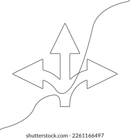 Arrows in three directions icon line continuous drawing vector. One line Arrows in three directions icon vector background. Arrows in three directions icon. Continuous outline of a Arrows in three dir