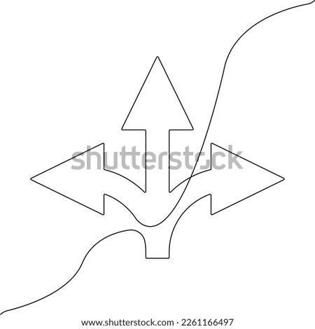 Arrows in three directions icon line continuous drawing vector. One line Arrows in three directions icon vector background. Arrows in three directions icon. Continuous outline of a Arrows in three dir