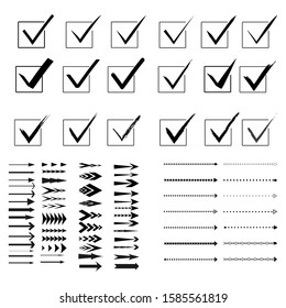 Arrows and tick collection. Black arrow direction signs forward and down for navigation or web download button isolated vector narrow, right and recycle arrowhead symbols set. Vector illustration.