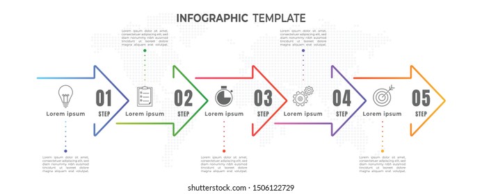 Arrows timeline infographic 5 option or step, thin line and number style