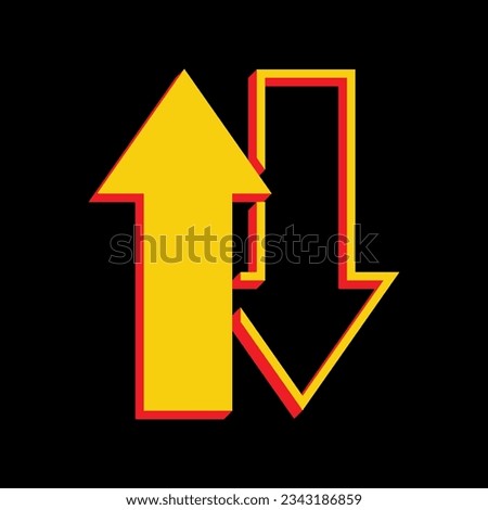 Arrows top down sign. 3D Extruded Yellow Icon with Red Sides a Black background. Illustration.