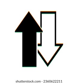 Arrows top down sign. Black Icon with vertical effect of color edge aberration at white background. Illustration.