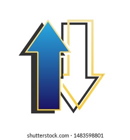 Arrows top down sign. Blue icon with gold contour with dark gray shadow at white background. Illustration.