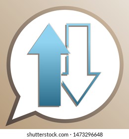 Arrows top down sign. Bright cerulean icon in white speech balloon at pale taupe background. Illustration.