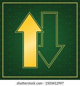 Arrows top down sign. Golden icon with gold contour at dark green gridded white background. Illustration.