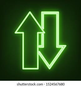 Arrows top down sign. Green neon icon in the dark. Blurred lightening. Illustration.
