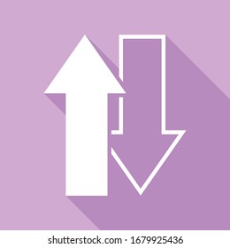 Arrows top down sign. White Icon with long shadow at purple background. Illustration.