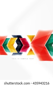 Arrows and triangles background. Vector web brochure, internet flyer, wallpaper or cover poster layout design. Geometric style, colorful realistic glossy arrow shapes with copyspace. Directional idea