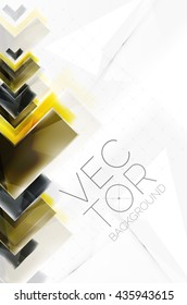 Arrows and triangles background. Vector web brochure, internet flyer, wallpaper or cover poster layout design. Geometric style, colorful realistic glossy arrow shapes with copyspace. Directional idea