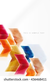 Arrows and triangles background. Vector web brochure, internet flyer, wallpaper or cover poster layout design. Geometric style, colorful realistic glossy arrow shapes with copyspace. Directional idea