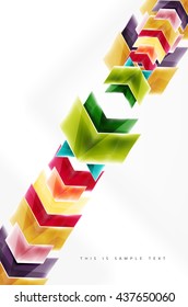 Arrows and triangles background. Vector web brochure, internet flyer, wallpaper or cover poster layout design. Geometric style, colorful realistic glossy arrow shapes with copyspace. Directional idea