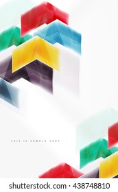 Arrows and triangles background. Vector web brochure, internet flyer, wallpaper or cover poster layout design. Geometric style, colorful realistic glossy arrow shapes with copyspace. Directional idea