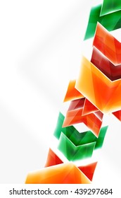 Arrows and triangles background. Vector web brochure, internet flyer, wallpaper or cover poster layout design. Geometric style, colorful realistic glossy arrow shapes with copyspace. Directional idea