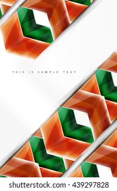 Arrows and triangles background. Vector web brochure, internet flyer, wallpaper or cover poster layout design. Geometric style, colorful realistic glossy arrow shapes with copyspace. Directional idea