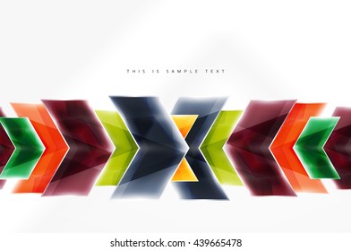 Arrows and triangles background. Vector web brochure, internet flyer, wallpaper or cover poster layout design. Geometric style, colorful realistic glossy arrow shapes with copyspace. Directional idea