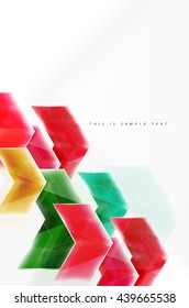 Arrows and triangles background. Vector web brochure, internet flyer, wallpaper or cover poster layout design. Geometric style, colorful realistic glossy arrow shapes with copyspace. Directional idea
