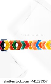 Arrows and triangles background. Vector web brochure, internet flyer, wallpaper or cover poster layout design. Geometric style, colorful realistic glossy arrow shapes with copyspace. Directional idea