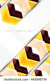 Arrows and triangles background. Vector web brochure, internet flyer, wallpaper or cover poster layout design. Geometric style, colorful realistic glossy arrow shapes with copyspace. Directional idea