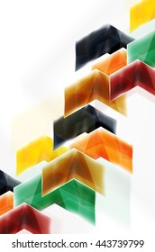 Arrows and triangles background. Vector web brochure, internet flyer, wallpaper or cover poster layout design. Geometric style, colorful realistic glossy arrow shapes with copyspace. Directional idea