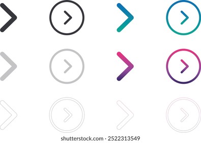 Arrows UI isolated icons set. Set of line vector icon. Arrows, State, Disabled, enabled, hover, gradient, CTA in gradient circle.