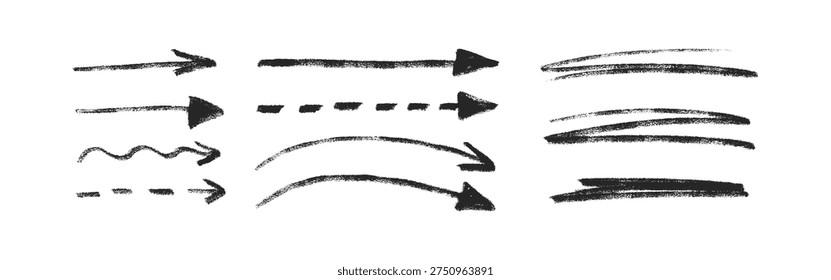 Arrows and underlines textured pencil elements. Set of hand drawn vector highlighting graphics.