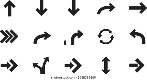 Arrows — up, down, left, right, curved, circular, diagonal, split, expand, contract. icon sheet file black and white