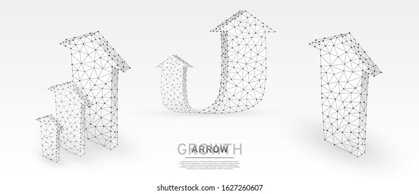 Arrows up, success, set of teamwork signs. Growth trend, cooperation or business partnership concept on white origami background. Low poly, abstract, polygonal, wireframe 3d vector illustration